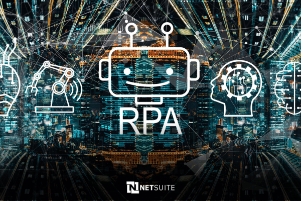 Robotic Process Automation and How RPA Optimizes Automation in NetSuite Robotic automated computer data with robot and NetSuite Logo